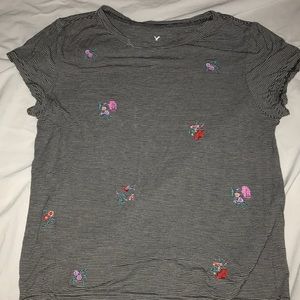 Black/White striped embroidered flowers T-Shirt